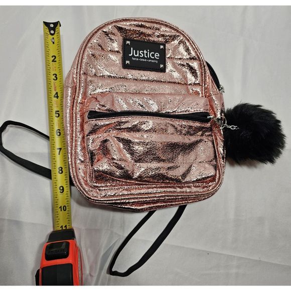 NWT JUSTICE Metallic Pink Mini Backpack with Black Pompom - Picture 3 of 3